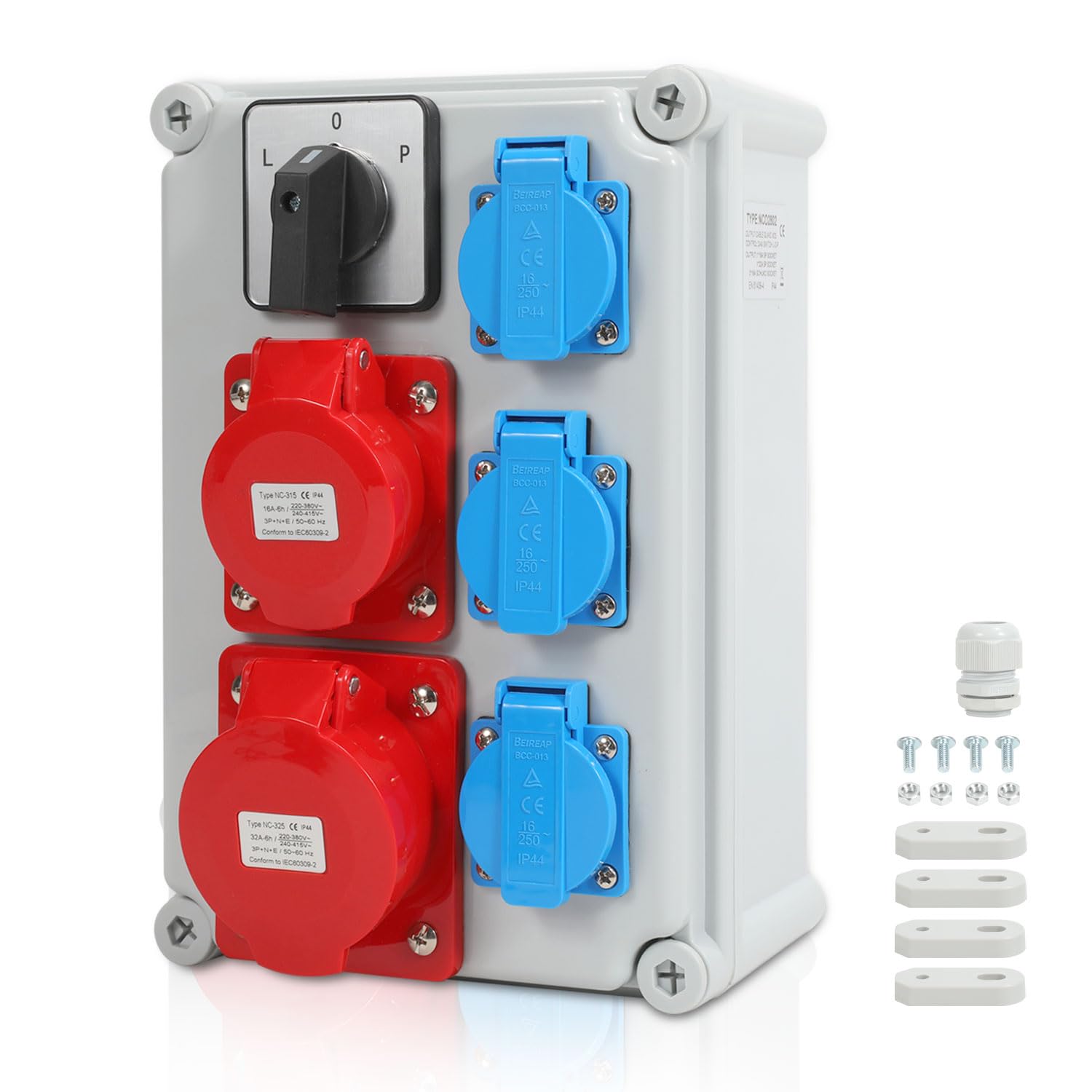 SWANEW Wandverteiler Baustromverteiler CEE 1x32A 5P, 1x16A 5P, 3x230V Schuko Steckdosen, IP44 Wasserdicht, mit L-0-P Schalter, Vorverkabelt Stromverteiler