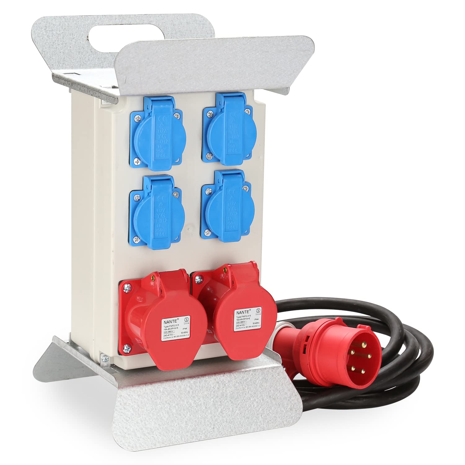 SWANEW Stromverteiler, Wandverteiler, 2x CEE 16A/400V+4x 230V Schuko IP44 5 polig, Baustromverteiler mit kabelsicherem Klappdeckel