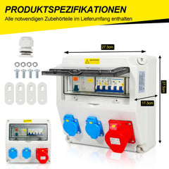 SWANEW Wandverteiler, Stromverteiler, 1X16A 2x230V MIT LS+FI, Baustromverteiler mit RCCB Schalter mit Überlastschutzschalter