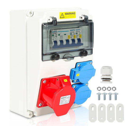 SWANEW Stromverteiler 16 A – Baustromverteiler mit LS – 2×16A 230V + 1×CEE 16A 400V – 5-polig IP44 Wandverteiler