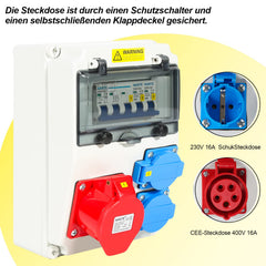 SWANEW Stromverteiler 16 A – Baustromverteiler mit LS – 2×16A 230V + 1×CEE 16A 400V – 5-polig IP44 Wandverteiler