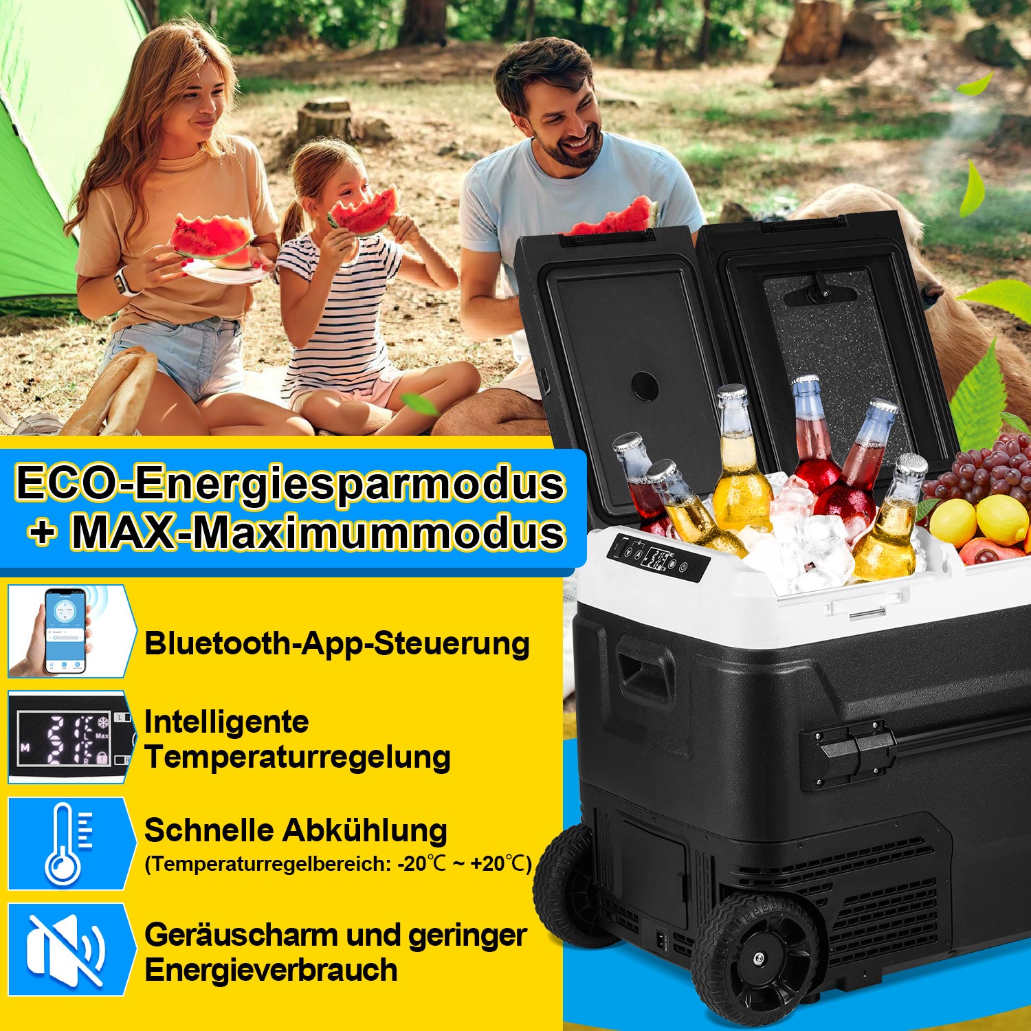 SWANEW Kompressor Kühlbox elektrisch, Doppeltür Doppelzone Auto Kühlschrank, mit Bluetooth-Steuerung