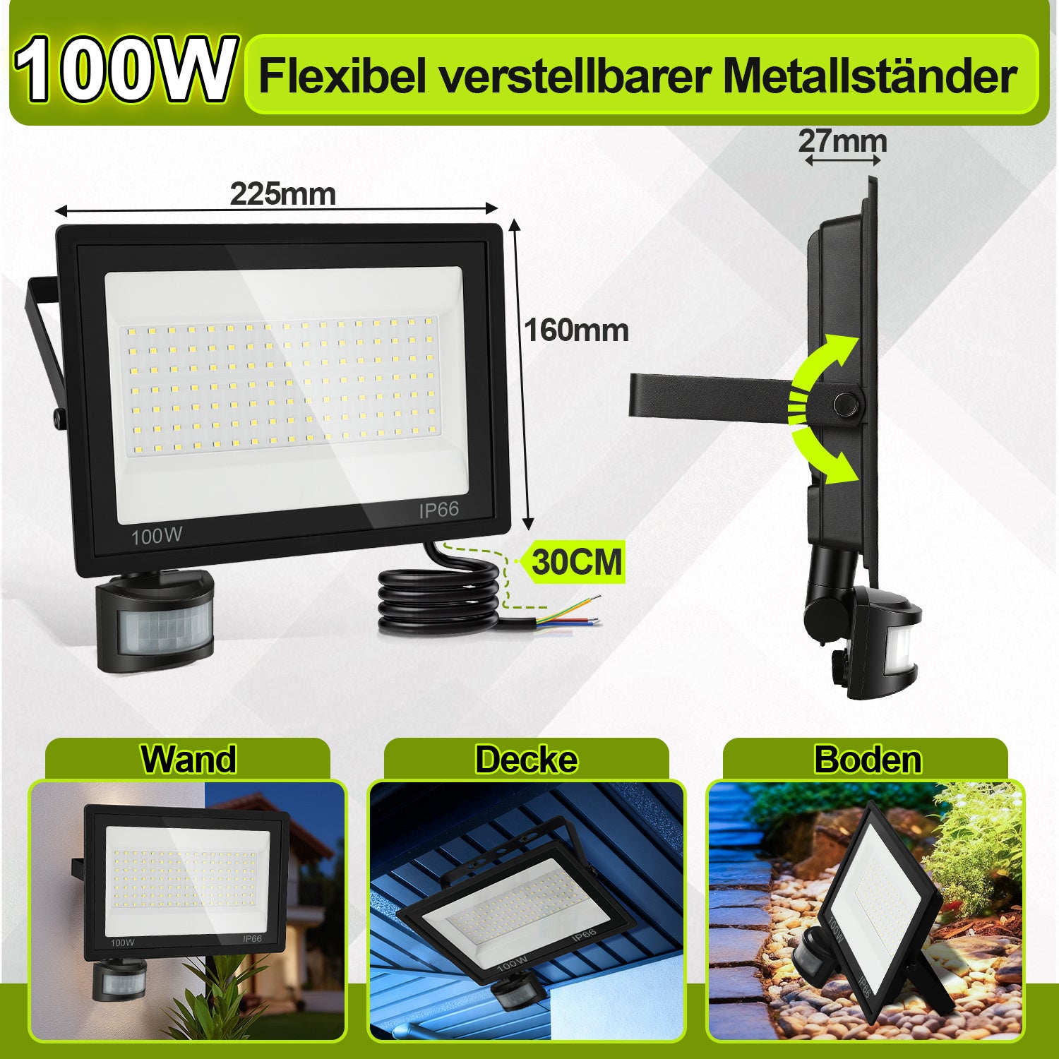 SWANEW 10-100W LED Strahler mit Bewegungsmelder, LED Fluter Kaltweiß Wandstrahler Außen IP66, Scheinwerfer, Gartenlampe, Baustrahler (kein Stecker)