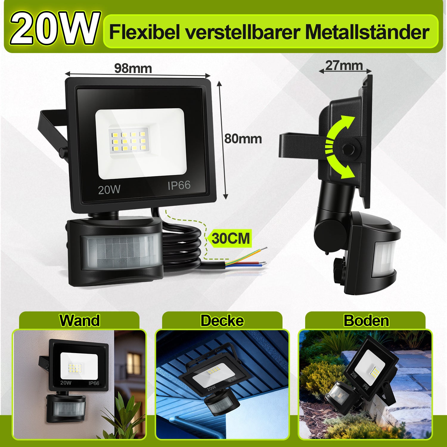 SWANEW 10-100W LED Strahler mit Bewegungsmelder, LED Fluter Kaltweiß Wandstrahler Außen IP66, Scheinwerfer, Gartenlampe, Baustrahler (kein Stecker)
