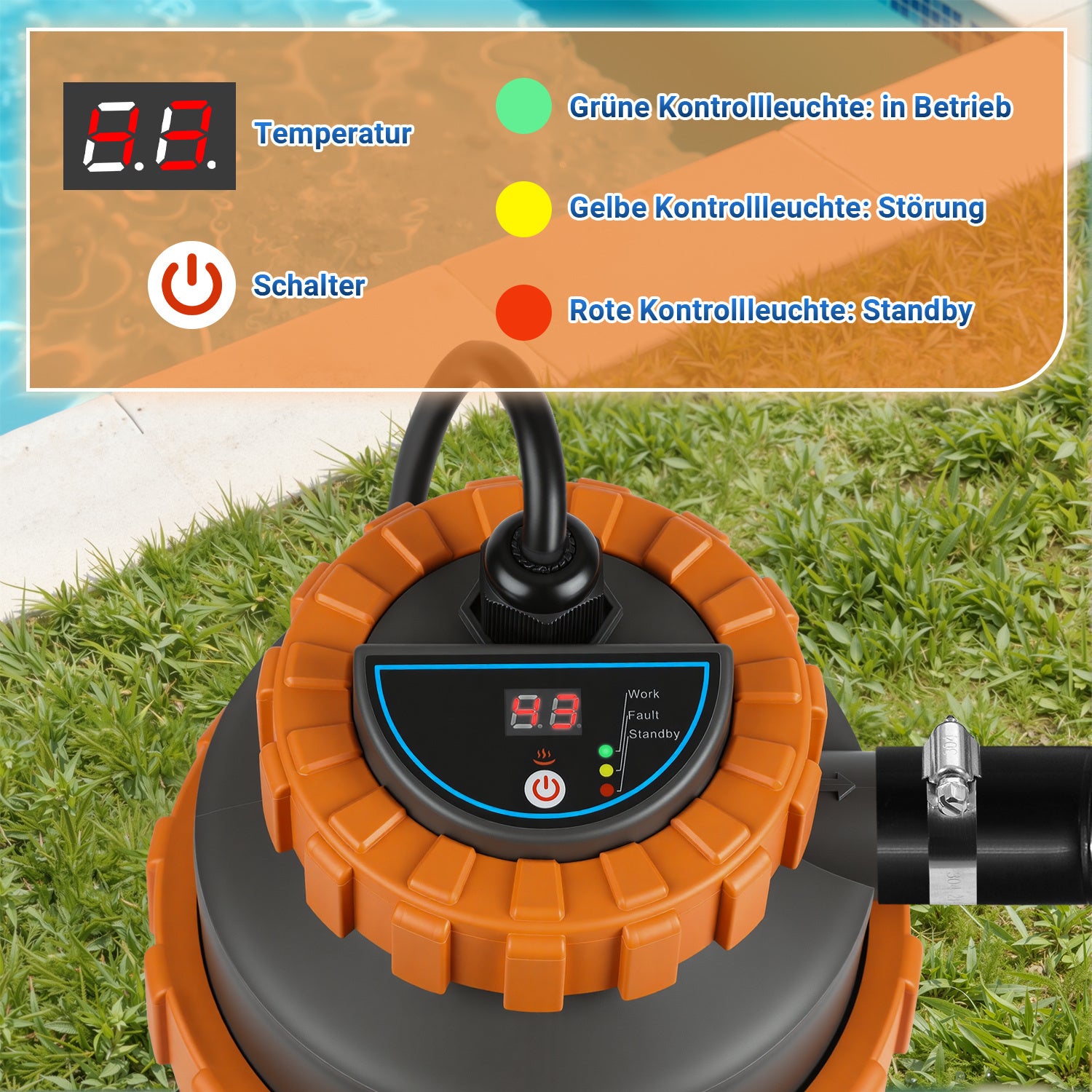 SWANEW Poolheizung Elektrisch 3KW, Heizung bis 45 °C, Ø 29 x 42 cm Pool Heizung mit Digitalanzeige, FI-Schutz, Schnittstelle 32-38 mm