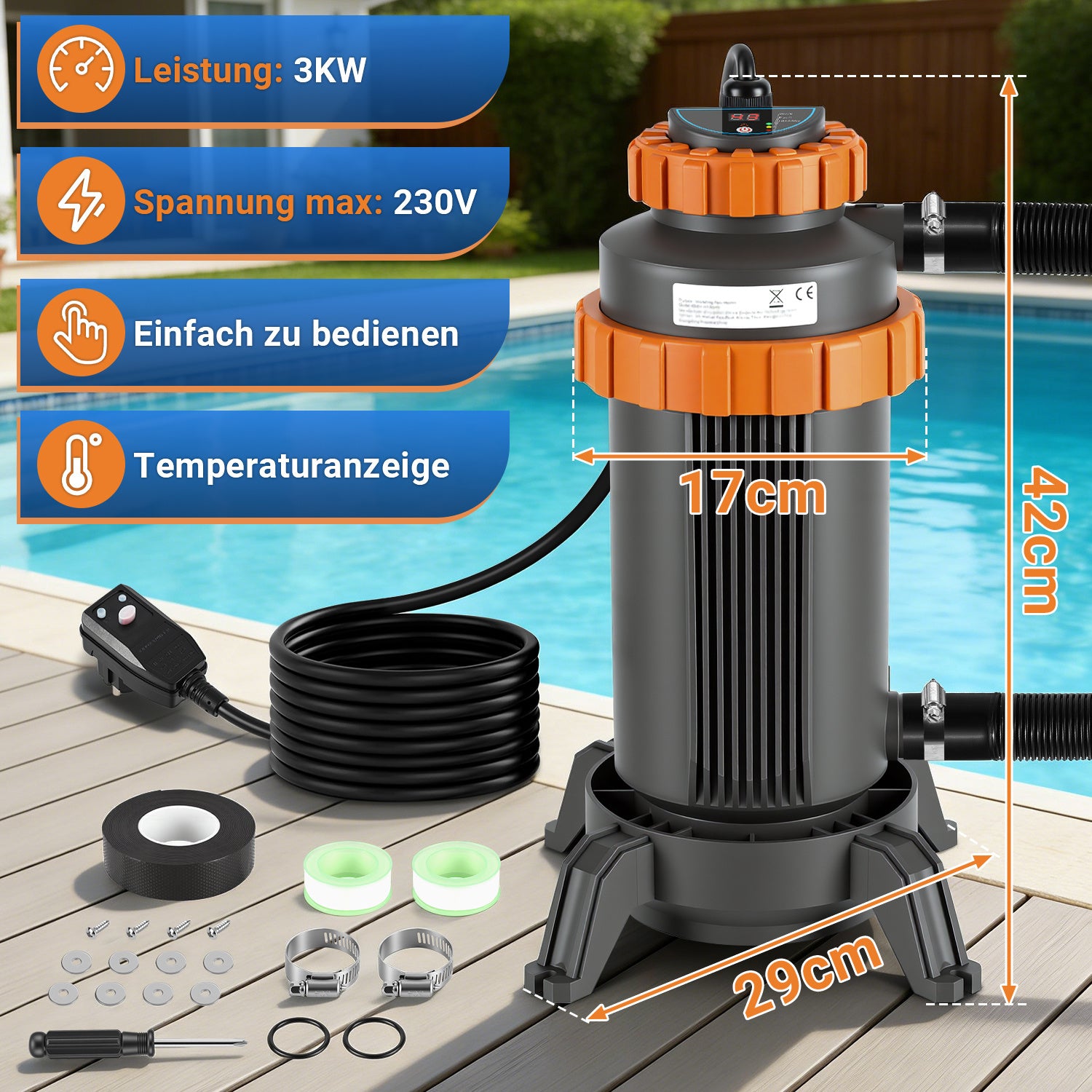 SWANEW Poolheizung Elektrisch 3KW, Heizung bis 45 °C, Ø 29 x 42 cm Pool Heizung mit Digitalanzeige, FI-Schutz, Schnittstelle 32-38 mm
