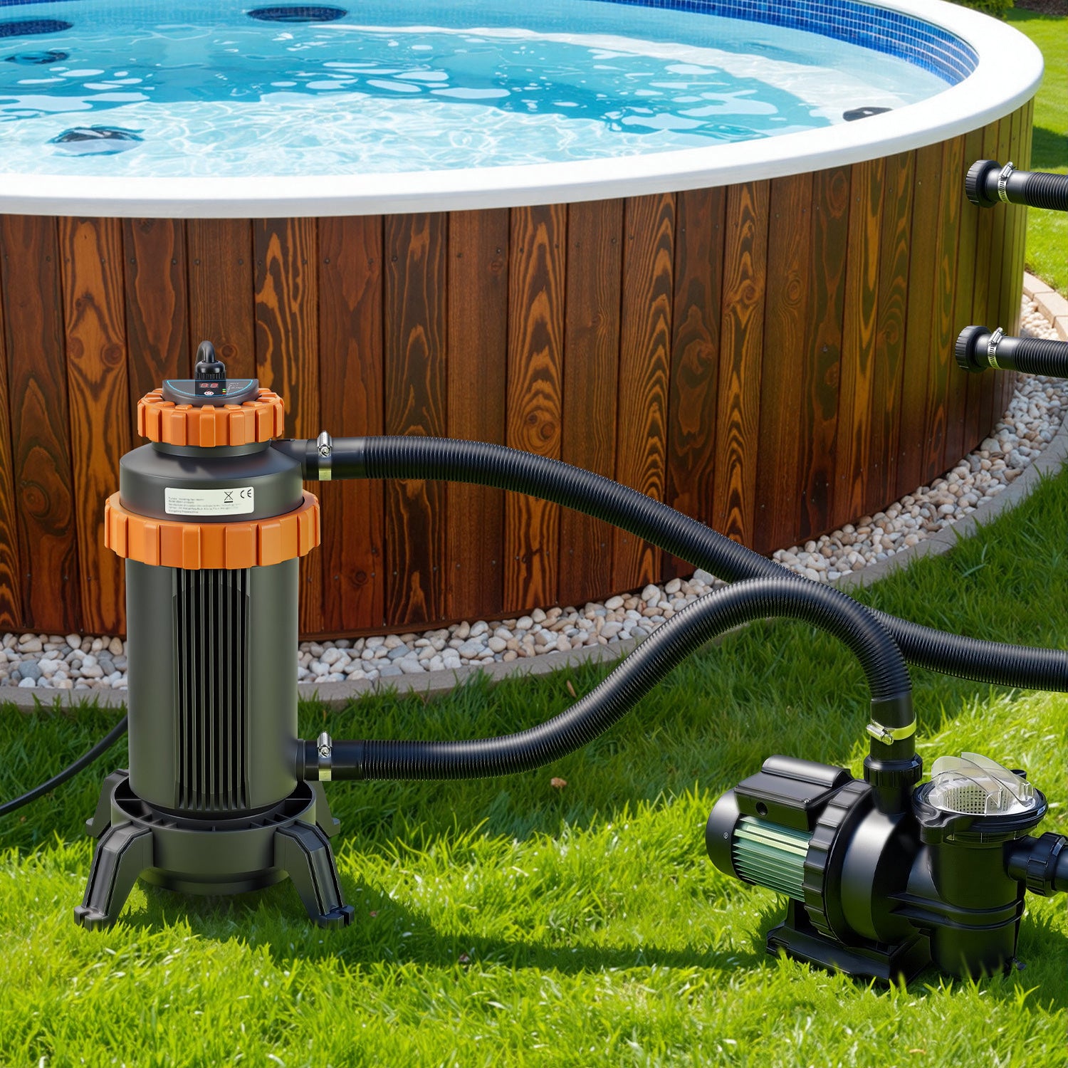 SWANEW Poolheizung Elektrisch 3KW, Heizung bis 45 °C, Ø 29 x 42 cm Pool Heizung mit Digitalanzeige, FI-Schutz, Schnittstelle 32-38 mm