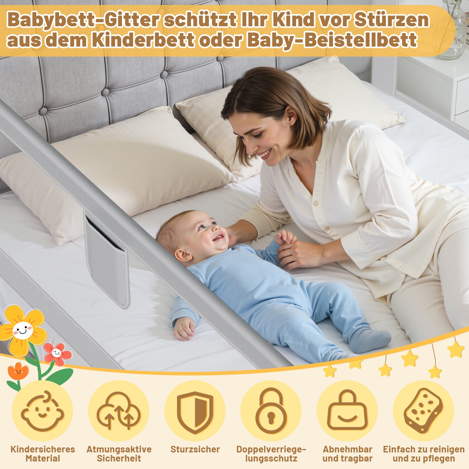 SWANEW Rausfallschutz, Bettschutzgitter höhenverstellbar 64-96 cm, Babybettgitter mit Doppelknopfschalter, Kinderbettgitter für Kleinkinder