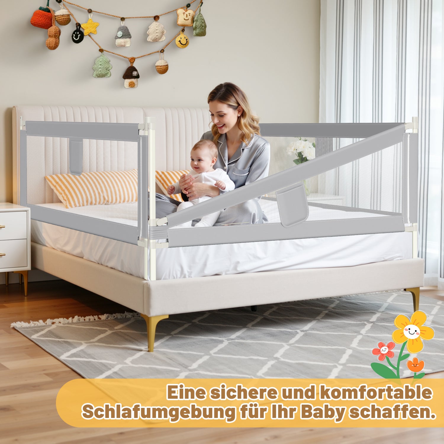 SWANEW Rausfallschutz, Bettschutzgitter höhenverstellbar 64-96 cm, Babybettgitter mit Doppelknopfschalter, Kinderbettgitter für Kleinkinder