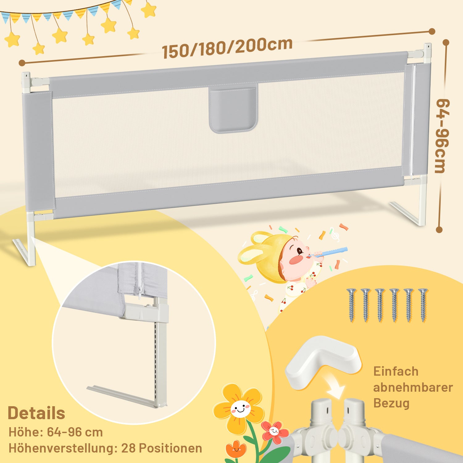 SWANEW Rausfallschutz, Bettschutzgitter höhenverstellbar 64-96 cm, Babybettgitter mit Doppelknopfschalter, Kinderbettgitter für Kleinkinder