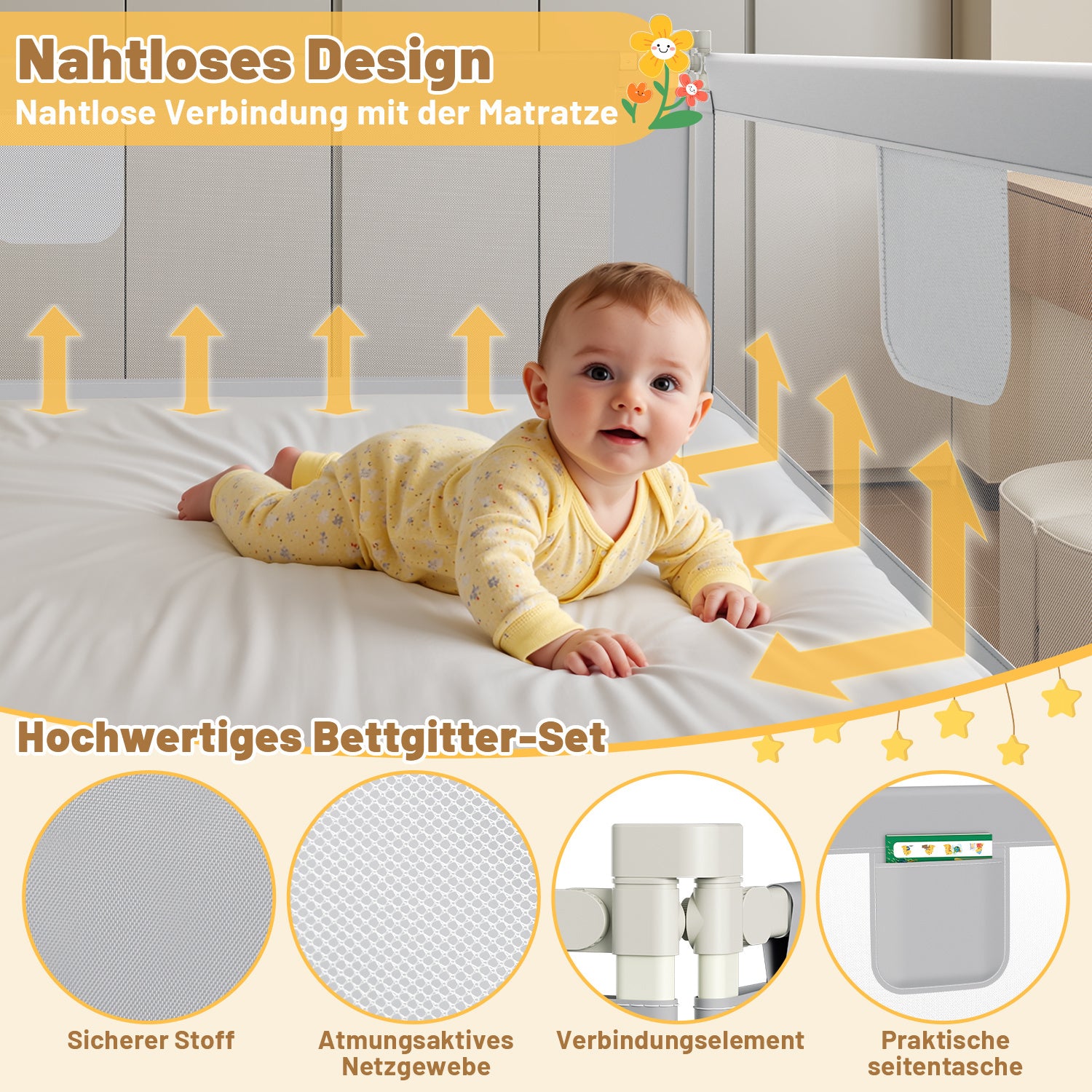 SWANEW Rausfallschutz, Bettschutzgitter höhenverstellbar 64-96 cm, Babybettgitter mit Doppelknopfschalter, Kinderbettgitter für Kleinkinder