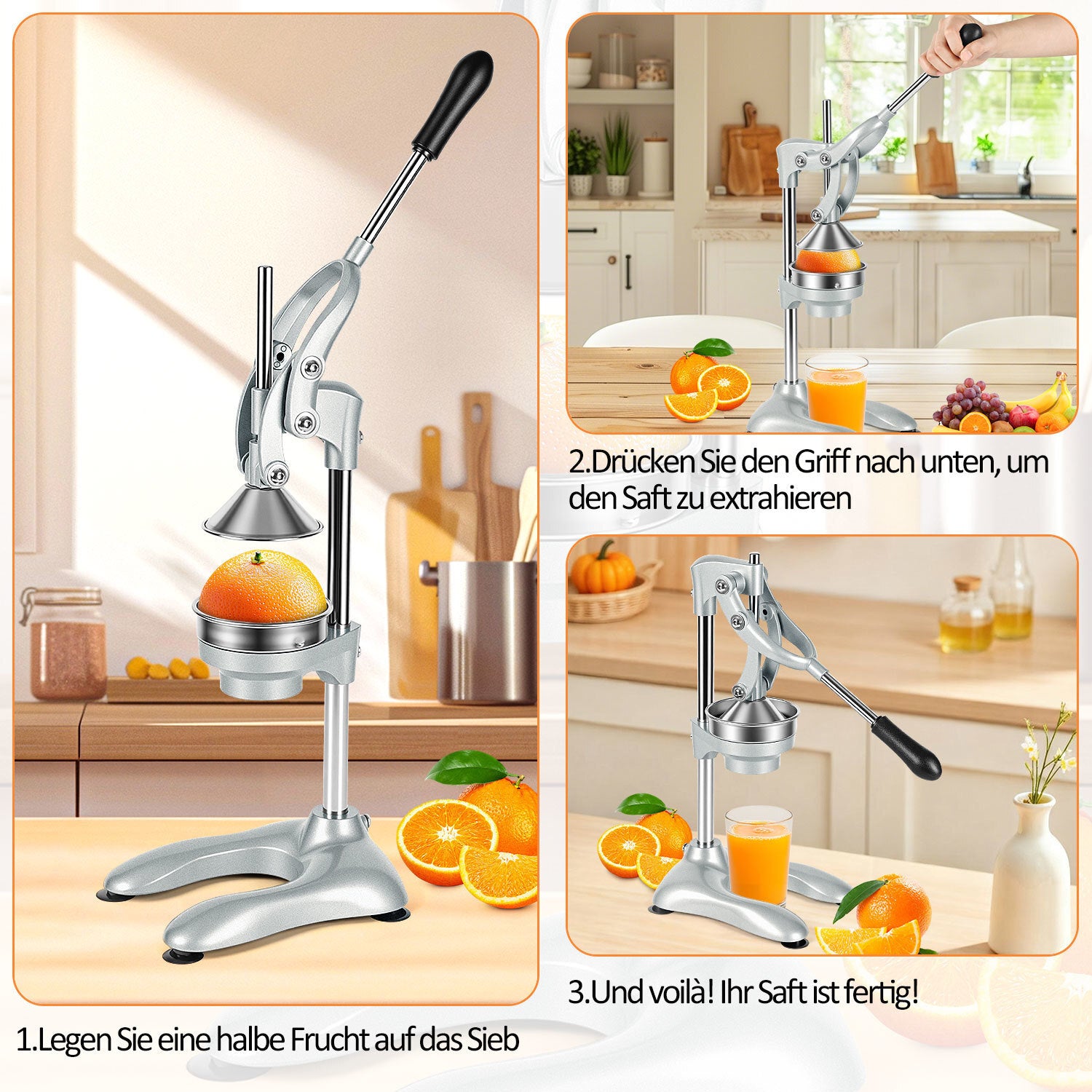 SWANEW Saftpresse Manuell, Zitronenpresse, Zitruspresse Edelstahl, Orangenpresse Flüsterleise, für alle Saftfrüchte Geeignet