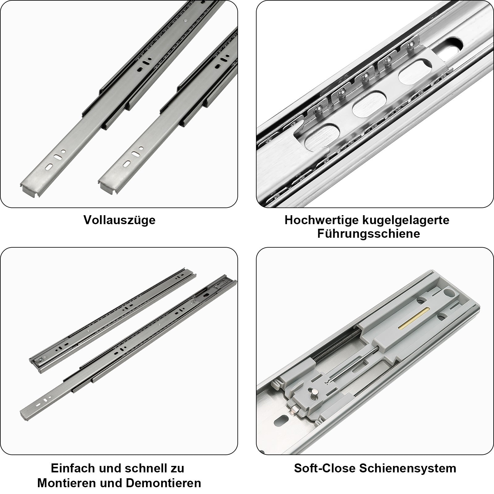 SWANEW Schubladenschienen 250 - 550 mm, Schubladen Schienensystem mit Selbsteinzug, Teleskopschiene vollauszug Schubladenauszüg, Kugelführung, Tragkraft 35 Kg