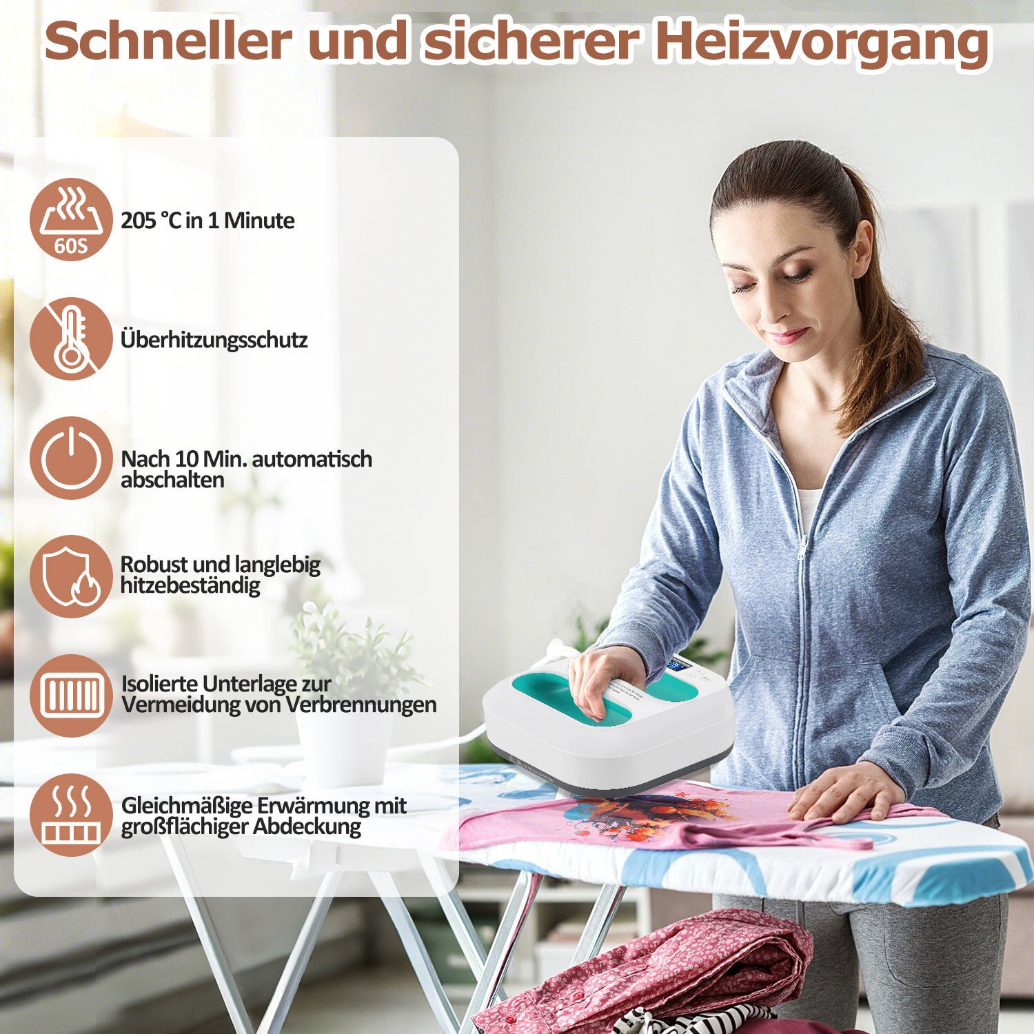 SWANEW Transferpresse Plotter 22,5 cm x 22,5 cm, Heizpresse Tragbare con Zeitmesser, DIY Buigelpresse für T-Shirt/Taschen/Kissen/Plotter