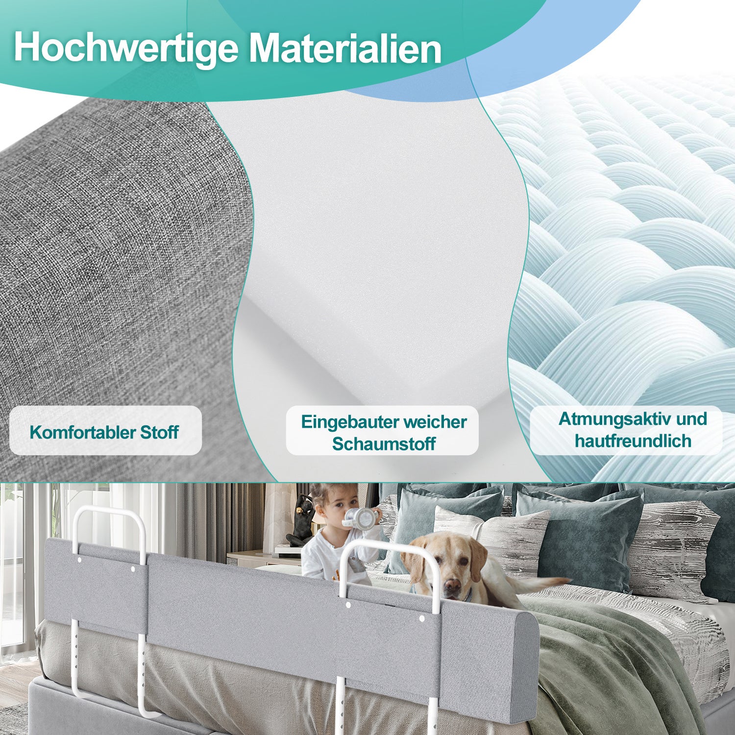 SWANEW Bettgitter Rausfallschutz 150/180/200cm , Verformbar Kinderbettgitter 5-Loch Höhenverstellbar, für Boxspringbetten und Kinderbett