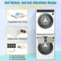 SWANEW Zwischenbaurahmen mit Ausziehplatte, Universell Verbindungsrahmen für Waschmaschine und Trockner, Stapelset mit Handtuchhalter