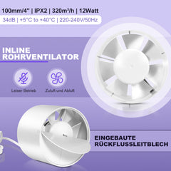 SWANEW Badlüfter Fan Rohrventilator 100mm mit Rückstauklappe Badezimmerlüfter Bad Rauchabzug Ventilator 130m³/h Rohrlüfter
