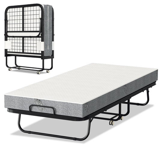 SWANEW Klappbett 90x200cm, Gästebett Klappbar mit ca.13CM Dicke Hochdichter Schaumstoff Matratze, Einzelbett mit Rollen