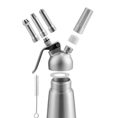SWANEW Sahnespender Aluminium/Edelstahl Sahnesyphon, 0,5 L Mit 3 Edelstahl Deko-DĂŒsen und ReinigungbĂŒrste