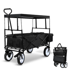 Bollerwagen Faltbar mit Dach 360 Grad drehbaren RĂ€dern, 96 L Handwagen mit Verstellbarem Griff mit Herausnehmbare Plane, Strandwagen Gartenwagen Transportwagen Bollerwagen Kinder 100KG Tragkraft