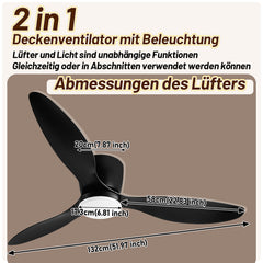 SWANEW Deckenventilator Leise mit Licht φ132cm 40W Fernbedienung Deckenventilator mit Beleuchtung LED Fan Licht 3 Flügel, Timer, 6 Geschwindigkeiten