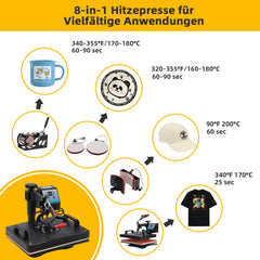SWANEW 8 in 1 Transferpresse, Heißpresse 38x30cm, T-Shirtpresse