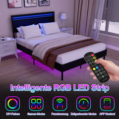 SWANEW Bettgestell mit LED Beleuchtung, bettgestell mit Kopfteil, Stabiler Holzlattenrost + gute Qualität Leder, Matratze nicht im Lieferumfang enthalten