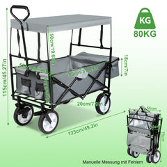 Bollerwagen Faltbar mit Dach 360 Grad drehbaren RĂ€dern, 96 L Handwagen mit Verstellbarem Griff mit Herausnehmbare Plane, Strandwagen Gartenwagen Transportwagen Bollerwagen Kinder 100KG Tragkraft