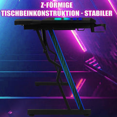 SWANEW Gaming Schreibtisch 120/140 cm, Gaming Tisch mit LED, Computertisch