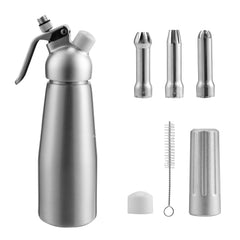 SWANEW Sahnespender Aluminium/Edelstahl Sahnesyphon, 0,5 L Mit 3 Edelstahl Deko-DĂŒsen und ReinigungbĂŒrste