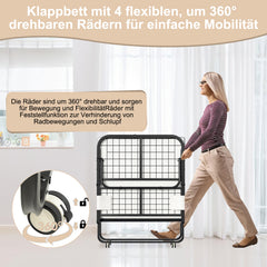 SWANEW Klappbett 90x200cm, Gästebett Klappbar mit ca.13CM Dicke Hochdichter Schaumstoff Matratze, Einzelbett mit Rollen