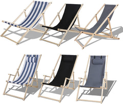 SWANEW 2er Set Liegestuhl Klappbar Holz, Gartenliege Strandstuhl Faltbar, 3-Fach Verstellbare RĂŒckenlehne Klappliegestuhl, Strandliege mit Kopfkissen & Armlehnen (Blaue und weiĂe Streifen)