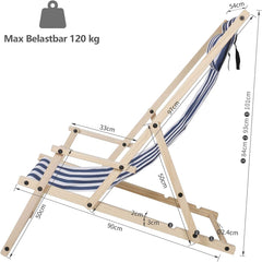 SWANEW 2er Set Liegestuhl Klappbar Holz, Gartenliege Strandstuhl Faltbar, 3-Fach Verstellbare RĂŒckenlehne Klappliegestuhl, Strandliege mit Kopfkissen & Armlehnen (Blaue und weiĂe Streifen)