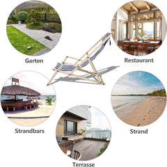 SWANEW 2er Set Liegestuhl Klappbar Holz, Gartenliege Strandstuhl Faltbar, 3-Fach Verstellbare RĂŒckenlehne Klappliegestuhl, Strandliege mit Kopfkissen & Armlehnen (Blaue und weiĂe Streifen)