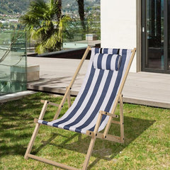 SWANEW 2er Set Liegestuhl Klappbar Holz, Gartenliege Strandstuhl Faltbar, 3-Fach Verstellbare RĂŒckenlehne Klappliegestuhl, Strandliege mit Kopfkissen & Armlehnen (Blaue und weiĂe Streifen)