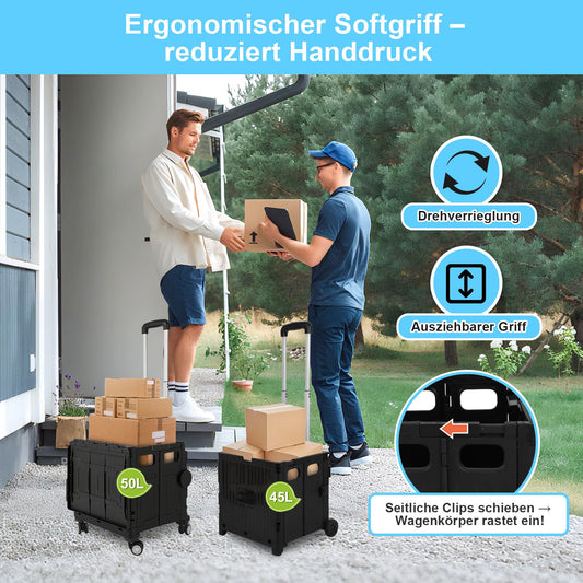 SWANEW Einkaufstrolley Klappbar, Transport Trolley, mit neigbarer Teleskopgriff & Deckel 45L/50L