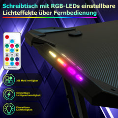 SWANEW Gaming Schreibtisch 120/140 cm, Gaming Tisch mit LED, Computertisch