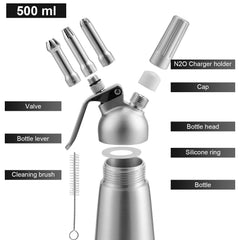 SWANEW Sahnespender Aluminium/Edelstahl Sahnesyphon, 0,5 L Mit 3 Edelstahl Deko-Düsen und Reinigungbürste
