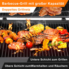 SWANEW Holzkohlegrill BBQ XXL Smoker mit Deckel, höhenverstellbarer Kohleschale, Grillwagen, mit Thermometer, verstellbaren Lüftungsöffnungen