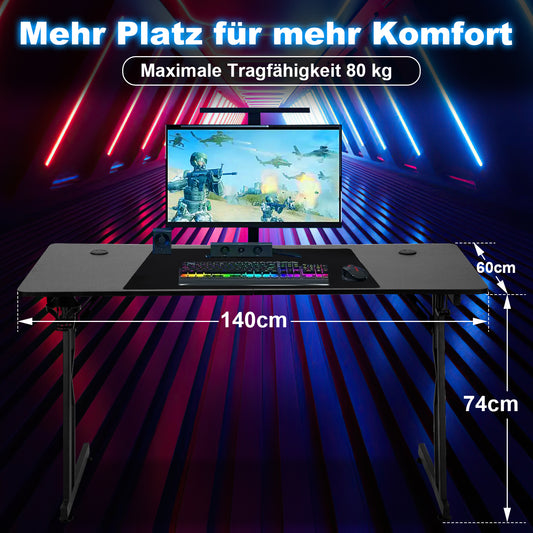 SWANEW Gaming Schreibtisch 120/140 cm, Gaming Tisch mit LED, Computertisch