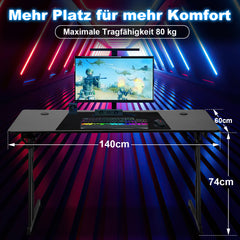 SWANEW Gaming Schreibtisch 120/140 cm, Gaming Tisch mit LED, Computertisch