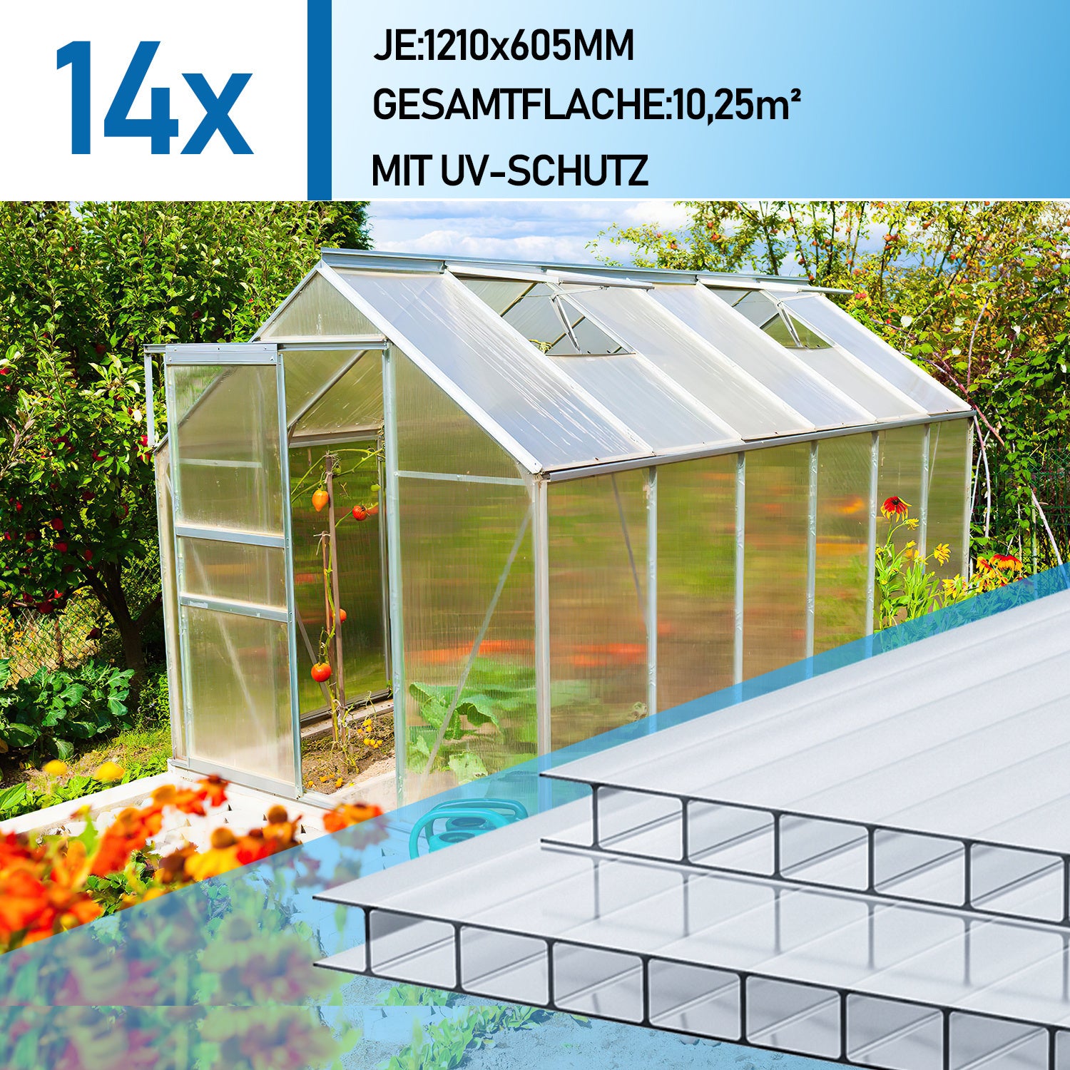 SWANEW 14× Polycarbonat Hohlkammerstegplatten 4 mm – UV-beständige Doppelstegplatten 60,5×121 cm mit 50 Stück W-Clips & 50 Stück Z-Clips – Ideal für Gewächshaus, Garten & Überdachung