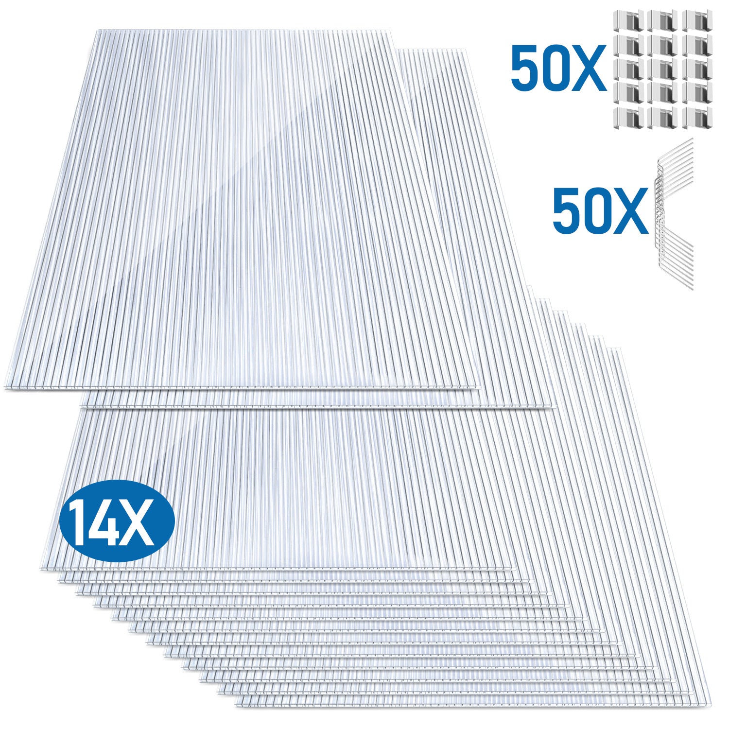 SWANEW 14× Polycarbonat Hohlkammerstegplatten 4 mm – UV-beständige Doppelstegplatten 60,5×121 cm mit 50 Stück W-Clips & 50 Stück Z-Clips – Ideal für Gewächshaus, Garten & Überdachung