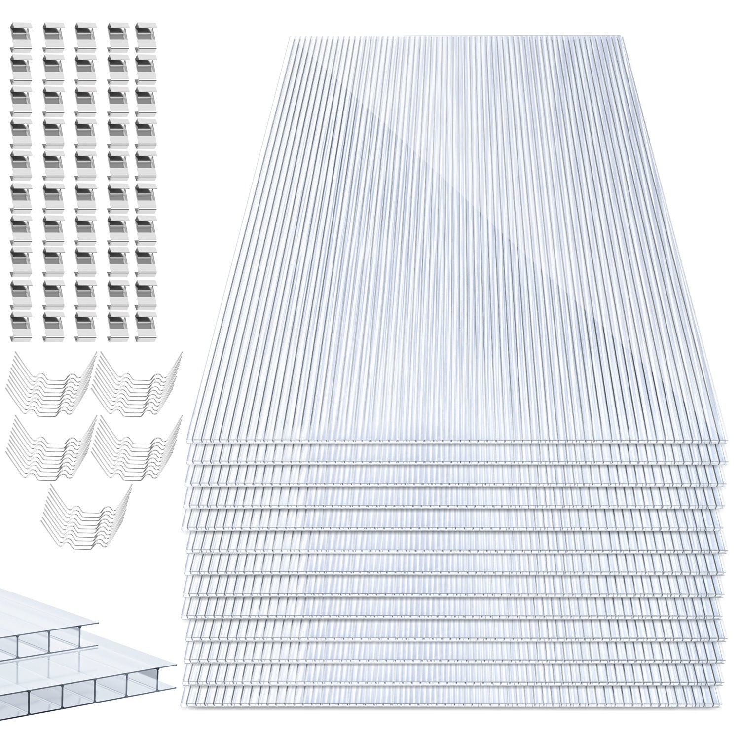 SWANEW 14× Polycarbonat Hohlkammerstegplatten 4 mm – UV-beständige Doppelstegplatten 60,5×121 cm mit 50 Stück W-Clips & 50 Stück Z-Clips – Ideal für Gewächshaus, Garten & Überdachung
