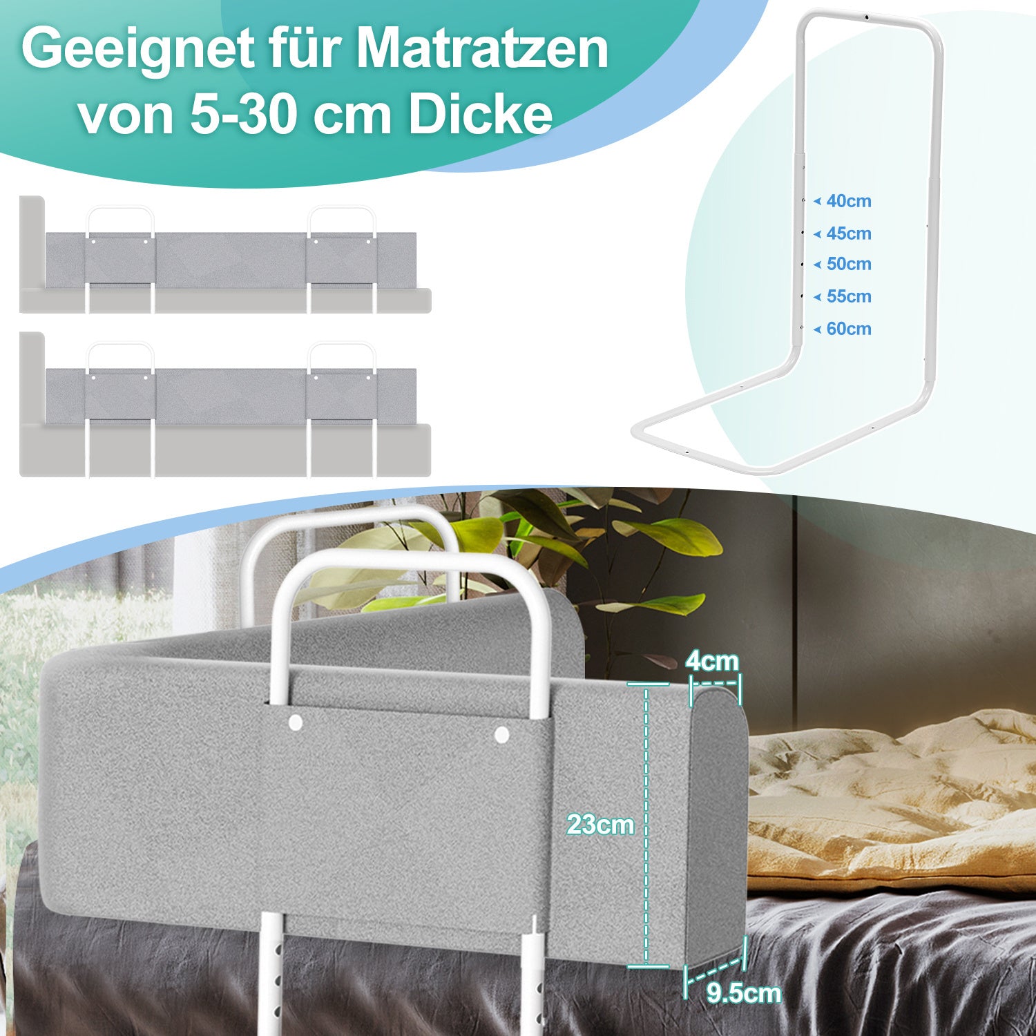 SWANEW Bettgitter Rausfallschutz 150/180/200cm , Verformbar Kinderbettgitter 5-Loch Höhenverstellbar, für Boxspringbetten und Kinderbett