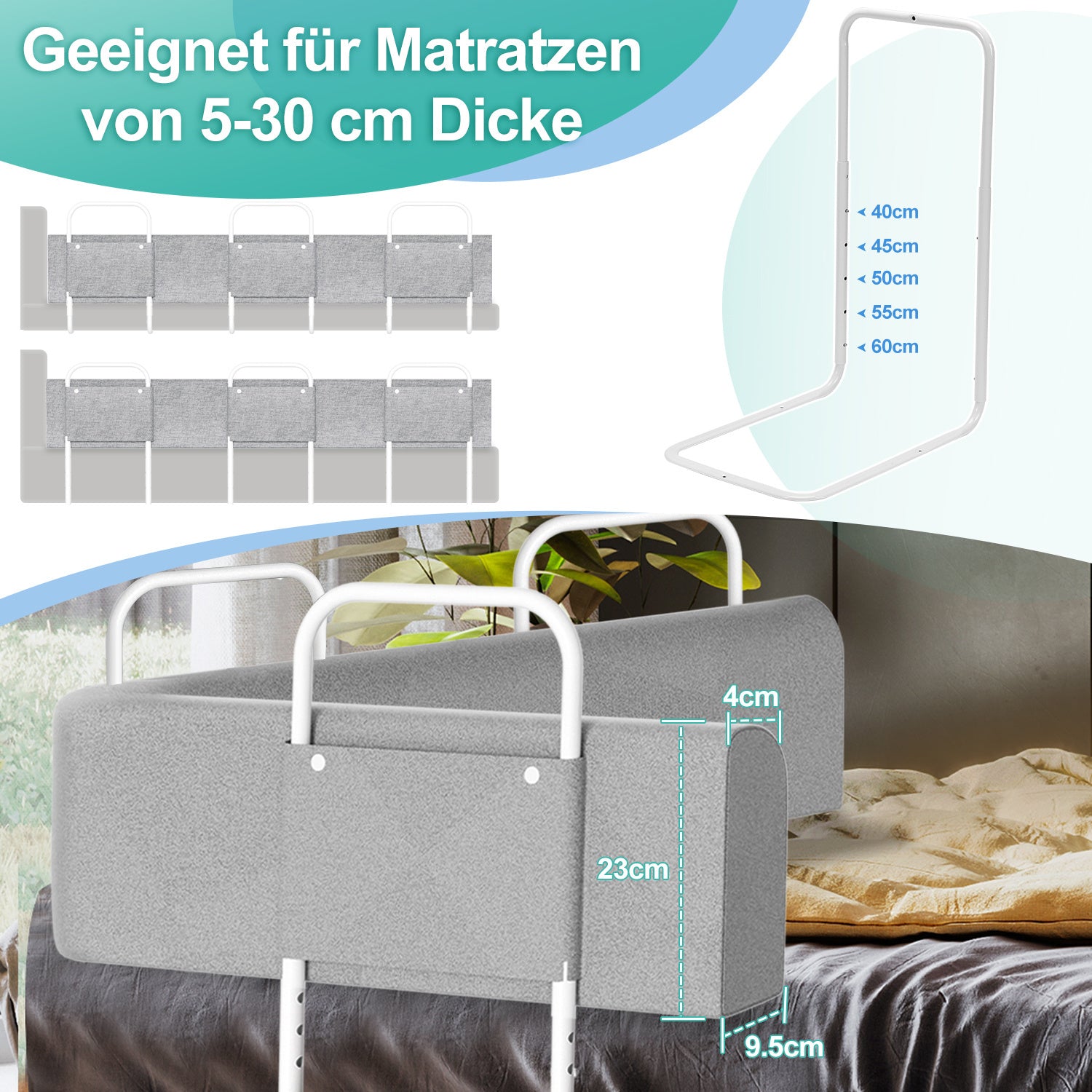 SWANEW Bettgitter Rausfallschutz 150/180/200cm , Verformbar Kinderbettgitter 5-Loch Höhenverstellbar, für Boxspringbetten und Kinderbett