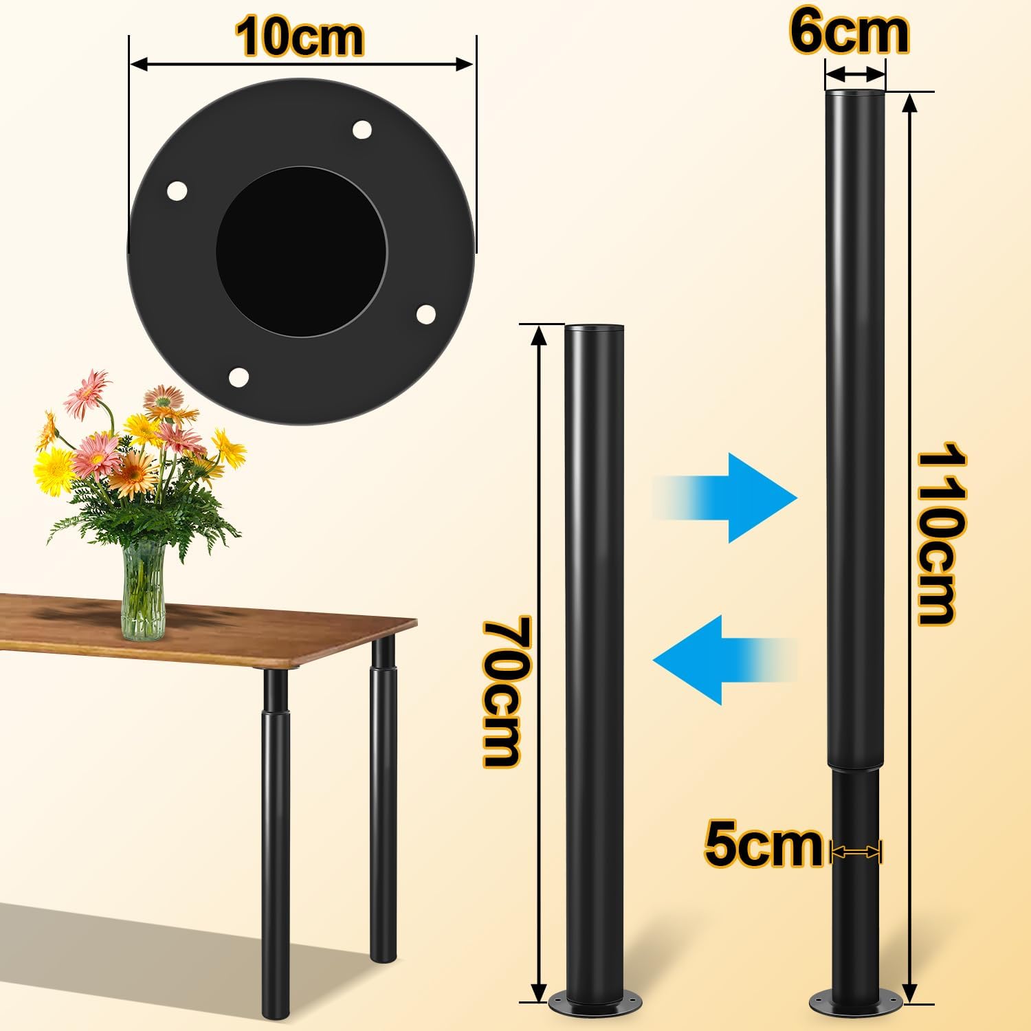 4er-Set Tischbeine Metall Schwarz – Höhenverstellbar 710–1100 mm