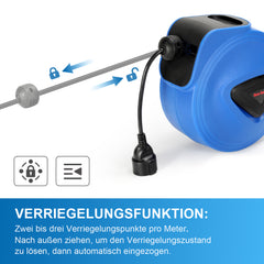 SWANEW Automatik Kabelaufroller 20M+1.5M Kabelaufroller, Kabeltrommel mit Stopfunktion,Verlängerungskabe, mit 180° drehbar Wandhalterung, für Wandmontage