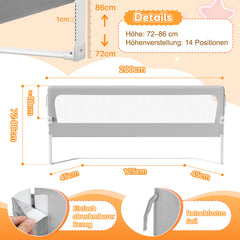 SWANEW Bettschutzgitter Kinderbett – höhenverstellbarer Rausfallschutz für Boxspringbett & Elternbett, 72–86 cm, 180° klappbar, 150/180/200 cm