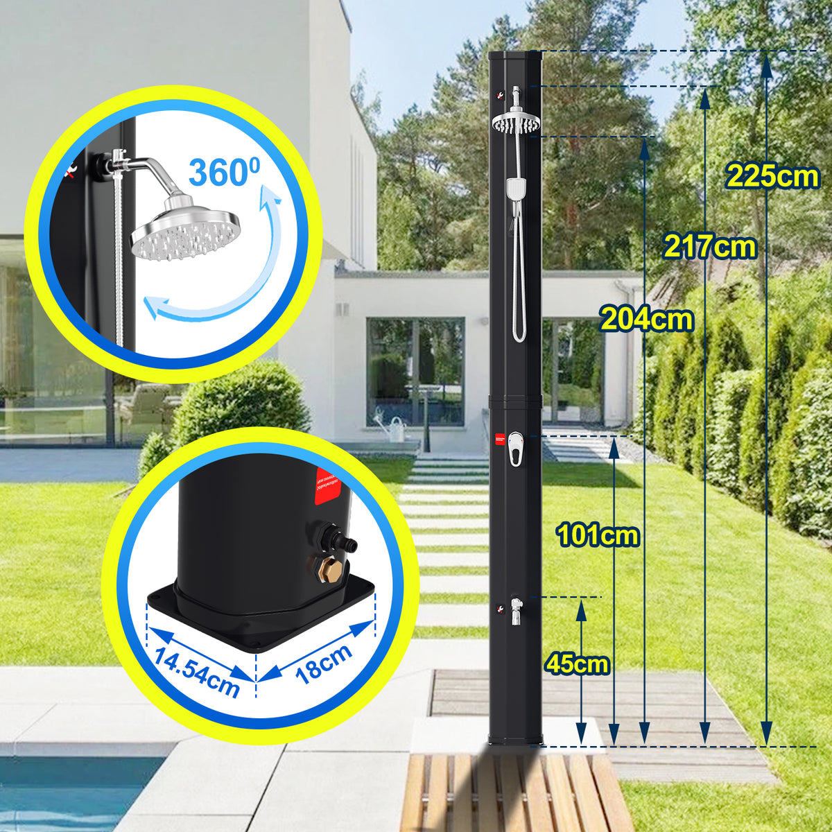 SWANEW Solardusche 20/35/40 Liter Solar Gartendusche Inkl. Schutzhaube und 180° Regenduschkopf, bis 60°C, 50 PSI Wasserdruck, ohne Stromanschluss, für den Garten Urlaub und Camping